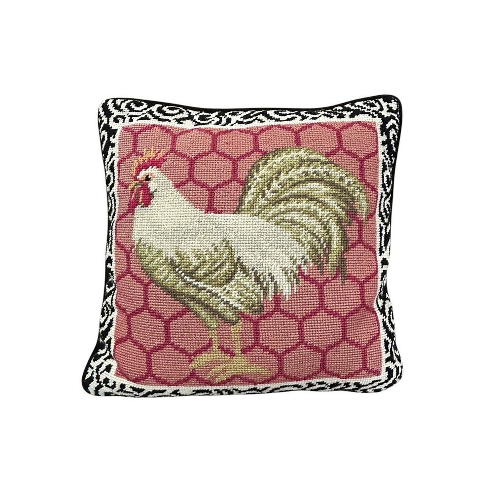 Vintage Rooster Needlepoint Pillow Chicken Wire Farmhouse Decor 13x13 Cottage